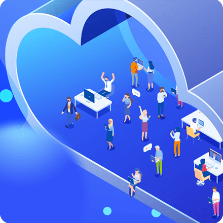 people working inside a cloud and sharing the space in it